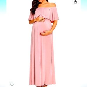 Ecavus Womens Off Shoulder Maternity Dress Ruffle Trim Maxi Photography Dress